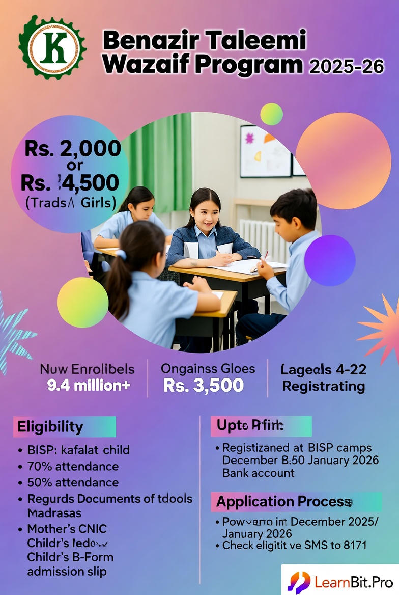 Benazir Taleemi Wazaif 2025-26 Quarterly Stipends for School Enrollment